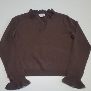 Marshall Fields 100% Cashmere Brown Ruffle Neck And Cuff Sweater
